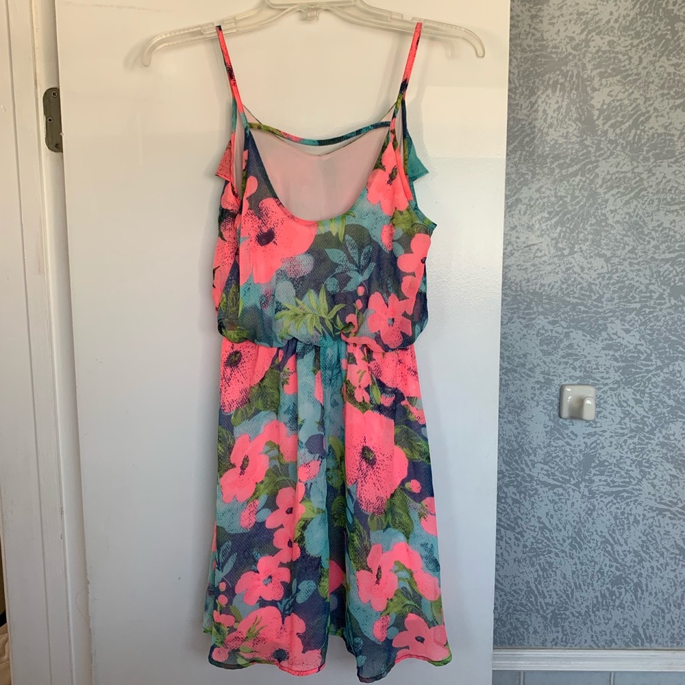 LUSH Floral Chiffon Dress Blue Pink Floral Tropic - Picture 3 of 8